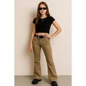 Vintage Y2K Spacegirlz Khaki Flare Pants Size 5 w/ Belt 90s 2000s Retro